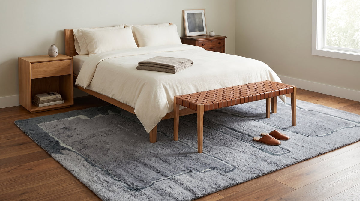 Maya Classic Purple and Gray Hand Knotted Wool Rug in a bedroom