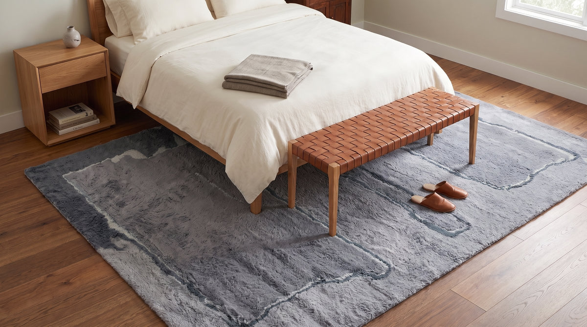 Maya Classic Purple and Gray Hand Knotted Wool Rug in a bedroom