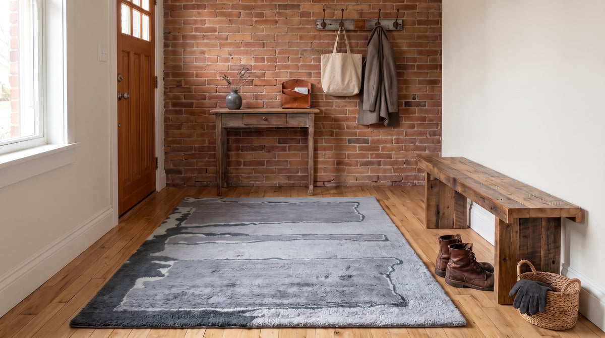 Maya Classic Purple and Gray Hand Knotted Wool Rug in a entryway