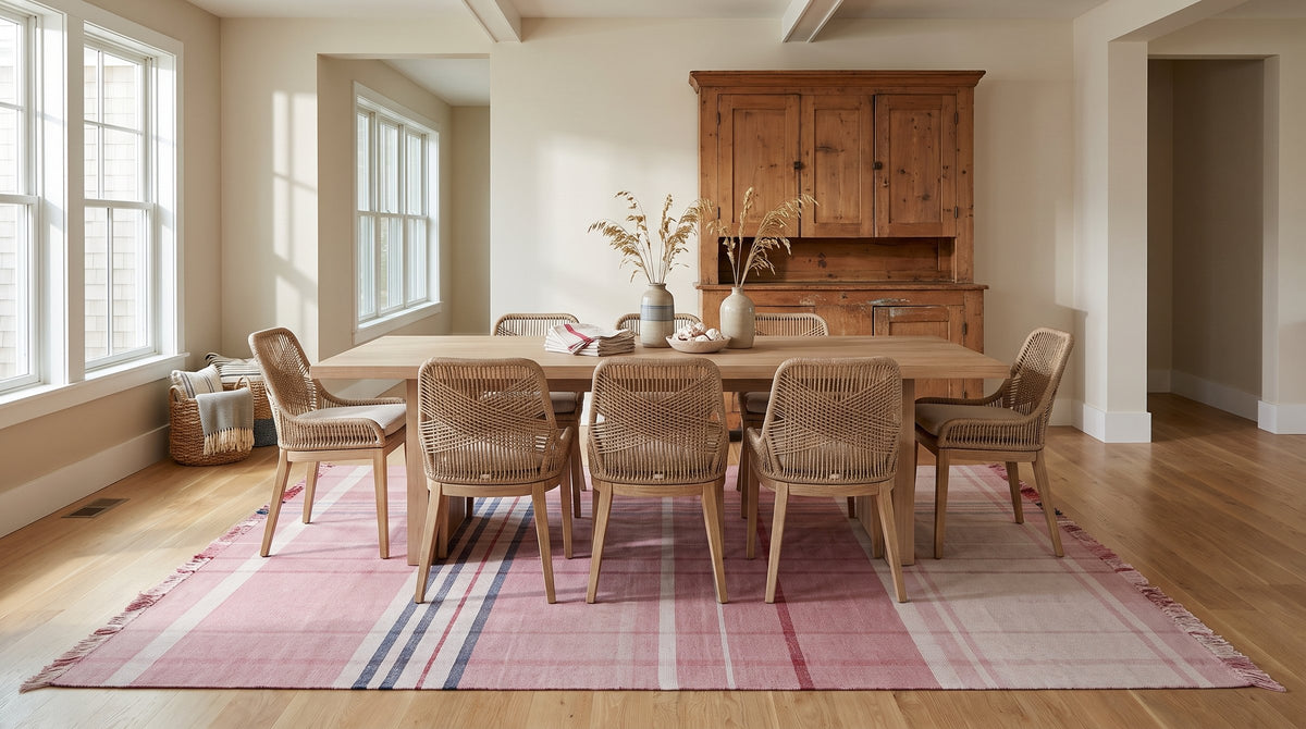 Maya Giselle Pink Flatweave Wool Rug in a dining room