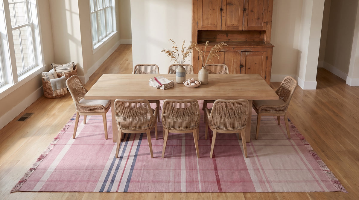 Maya Giselle Pink Flatweave Wool Rug in a dining room