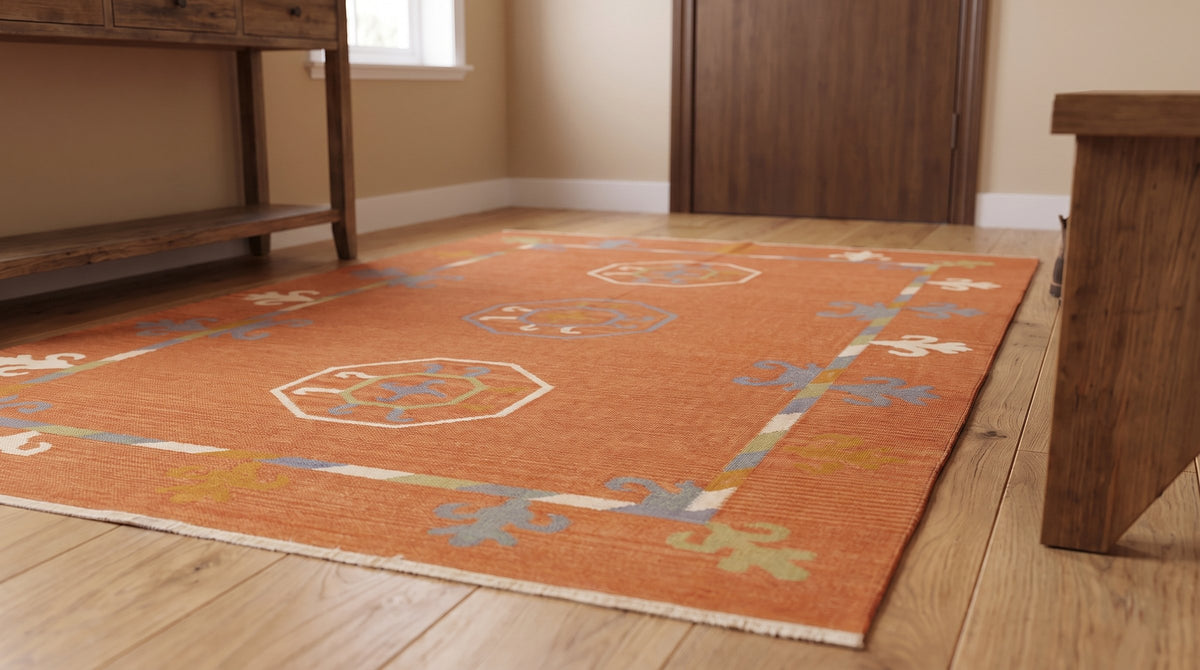 Maya Kilim Rust Flatweave Wool Rug in a entryway