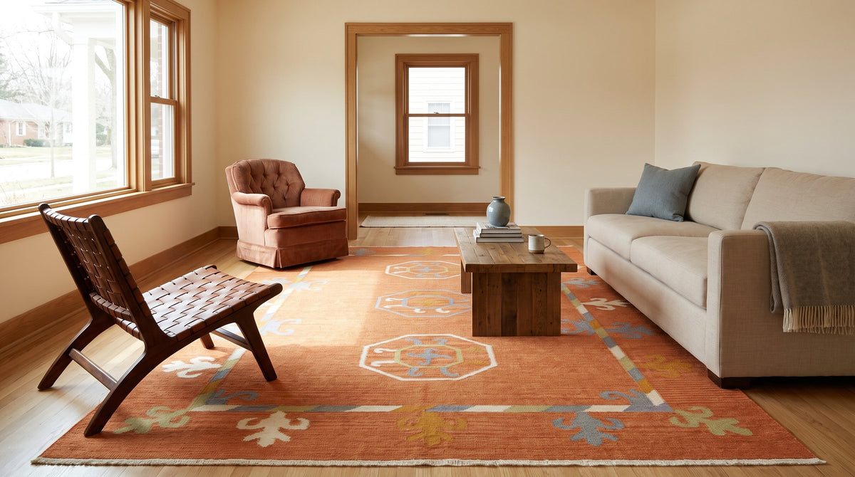Maya Kilim Rust Flatweave Wool Rug in a living room