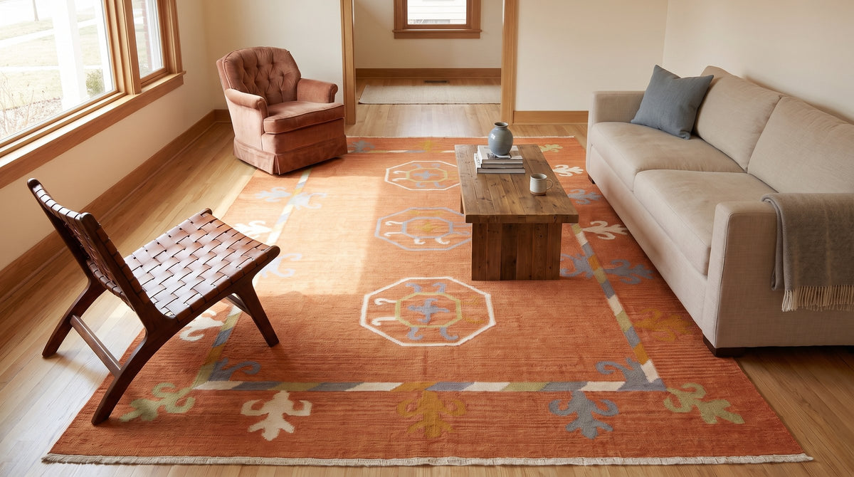 Maya Kilim Rust Flatweave Wool Rug in a living room