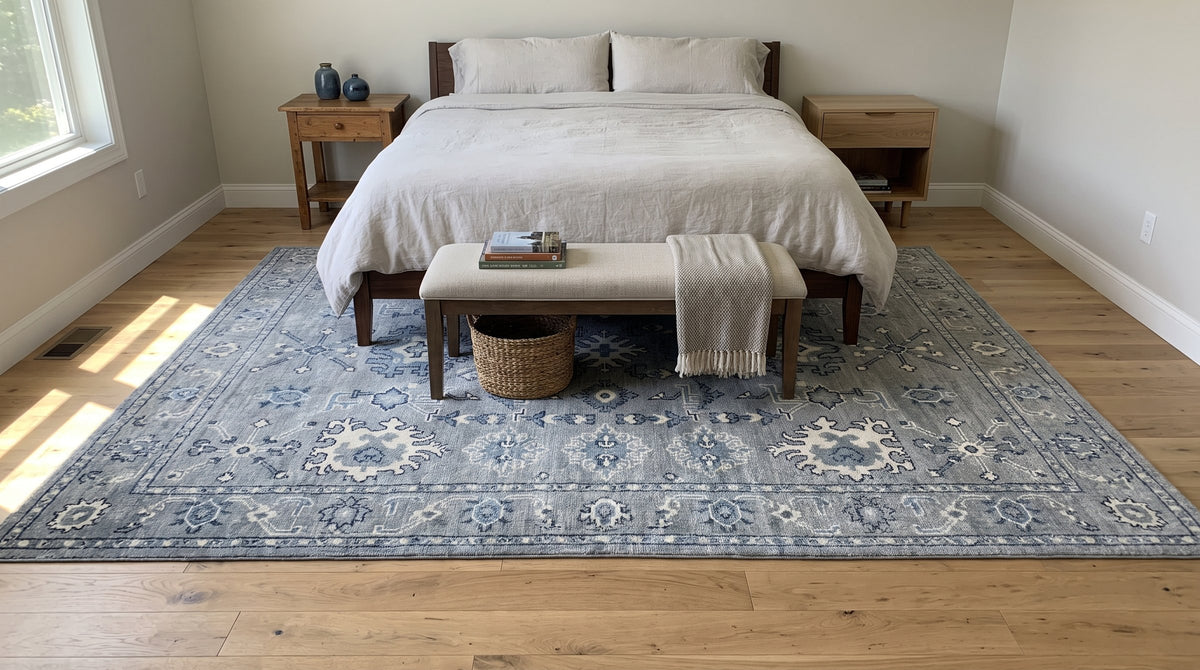 Maya Oushak Silver Hand Knotted Wool Rug in a bedroom