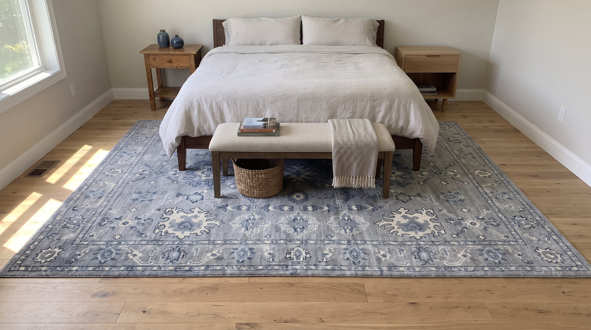 Maya Oushak Silver Hand Knotted Wool Rug in a bedroom