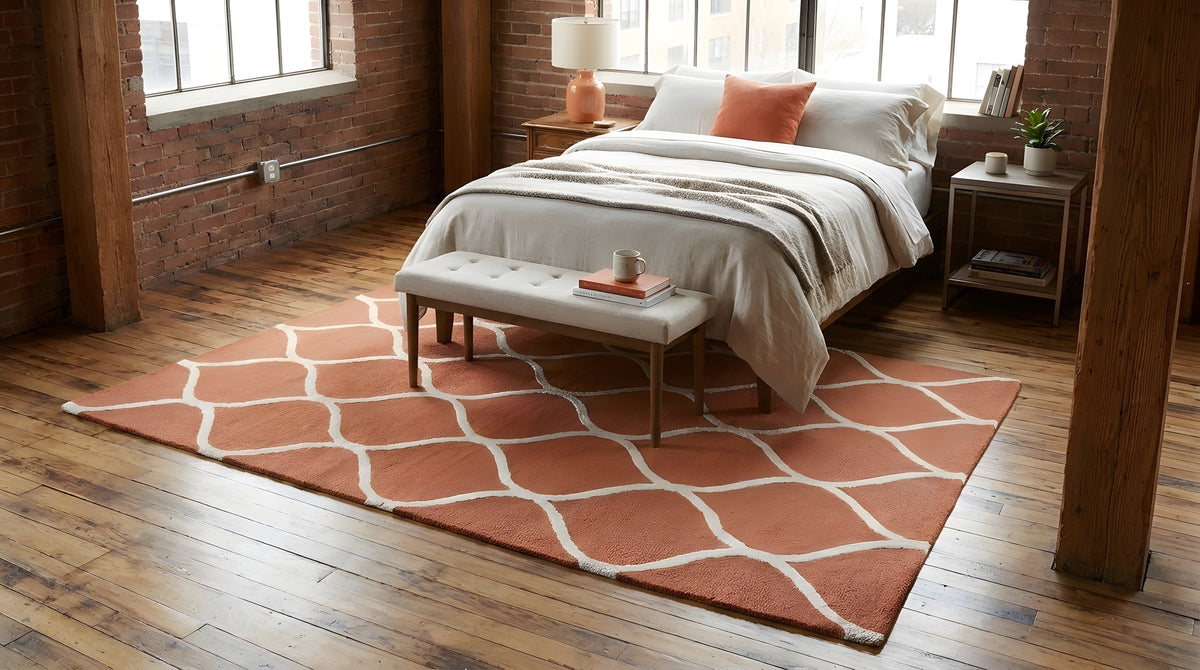 Maya Rustic Orange Hand Tufted Wool Rug in a bedroom