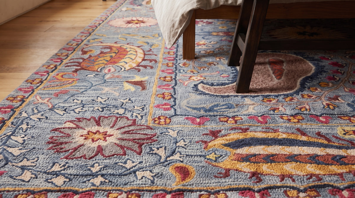 Maya Timeless Blue Hand Tufted Wool Rug in a bedroom