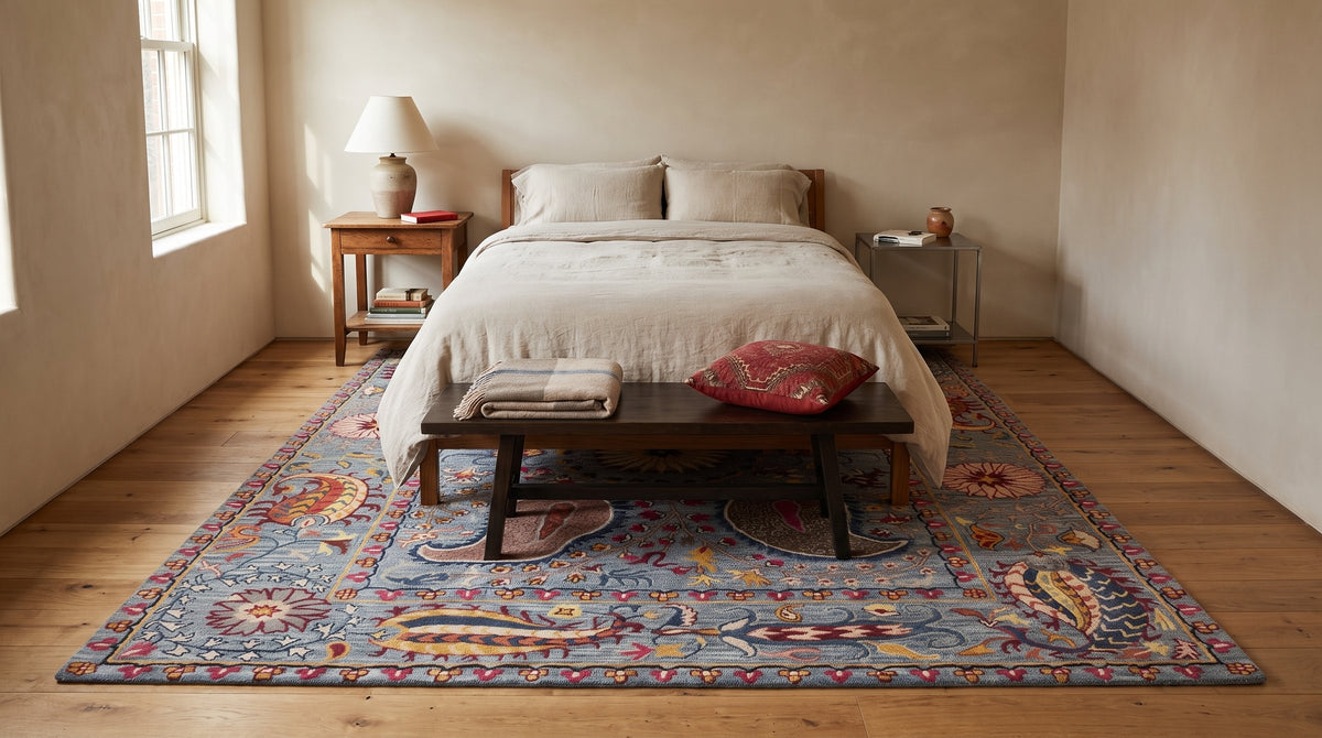 Maya Timeless Blue Hand Tufted Wool Rug in a bedroom