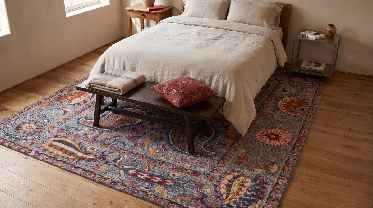 Maya Timeless Blue Hand Tufted Wool Rug in a bedroom