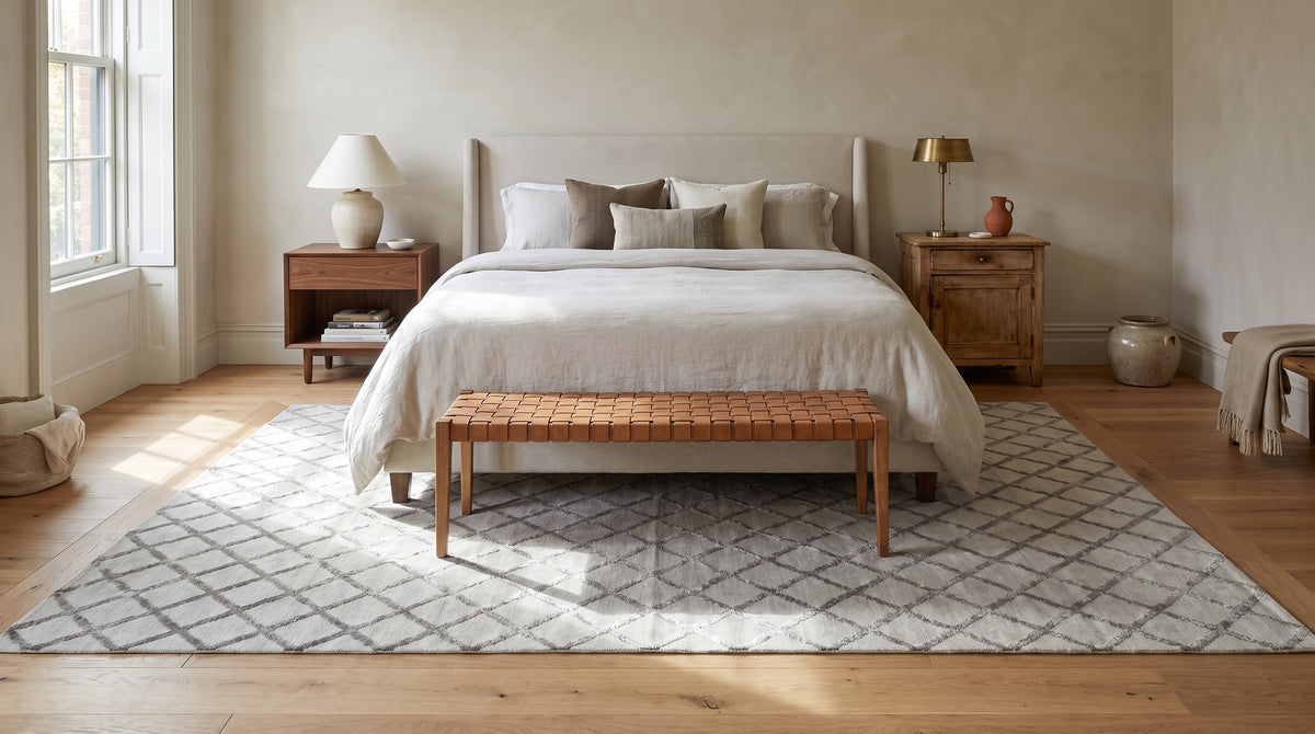 Maya Trellis Gray Hand Knotted Wool & Viscose Rug in a bedroom