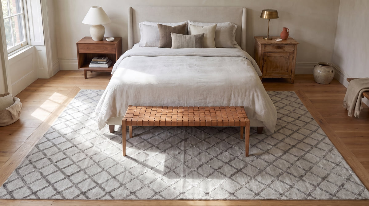 Maya Trellis Gray Hand Knotted Wool & Viscose Rug in a bedroom