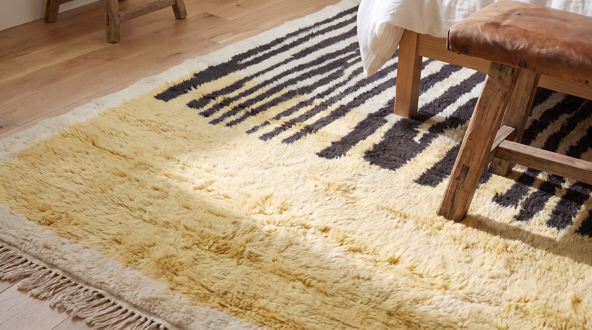 Mira Iris Yellow Hand Knotted Wool Rug in a bedroom
