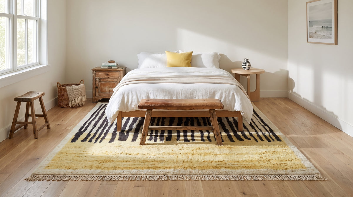 Mira Iris Yellow Hand Knotted Wool Rug in a bedroom