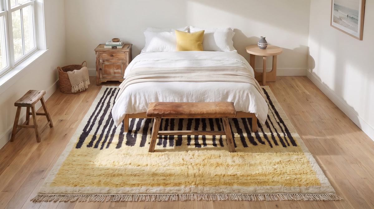 Mira Iris Yellow Hand Knotted Wool Rug in a bedroom