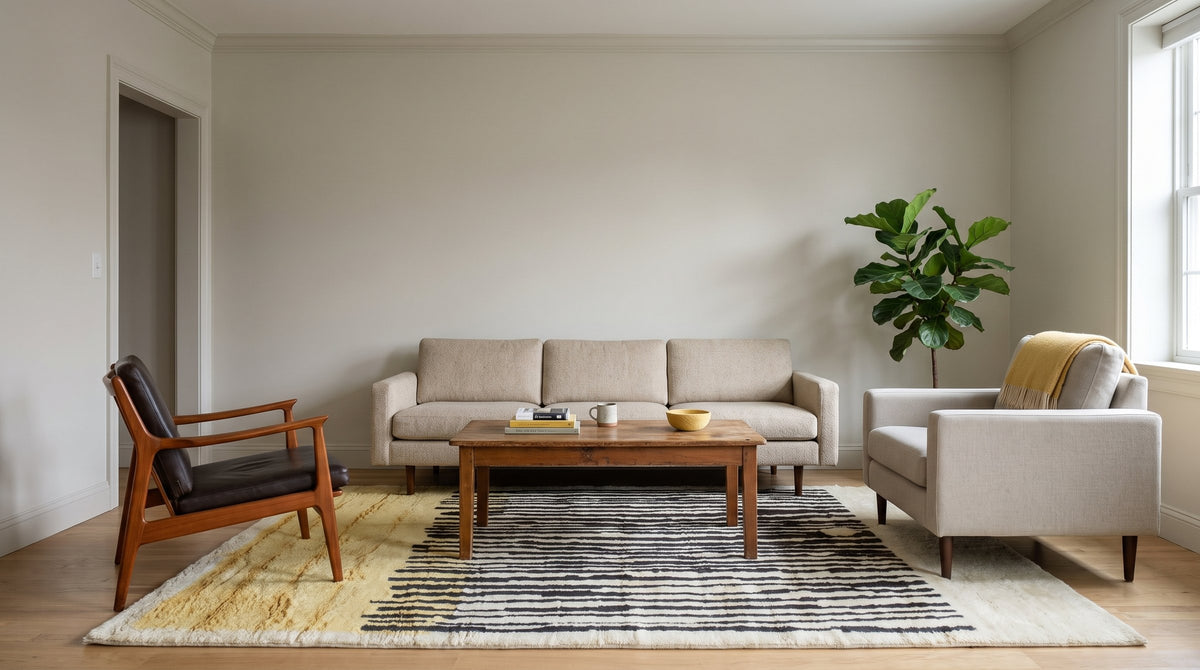 Mira Iris Yellow Hand Knotted Wool Rug in a living room