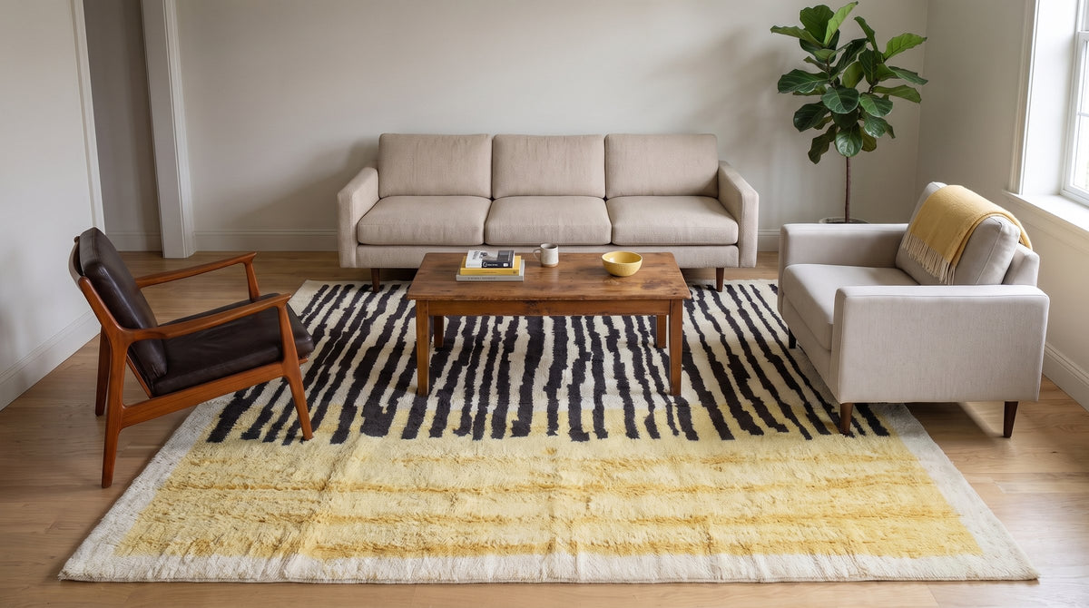 Mira Iris Yellow Hand Knotted Wool Rug in a living room