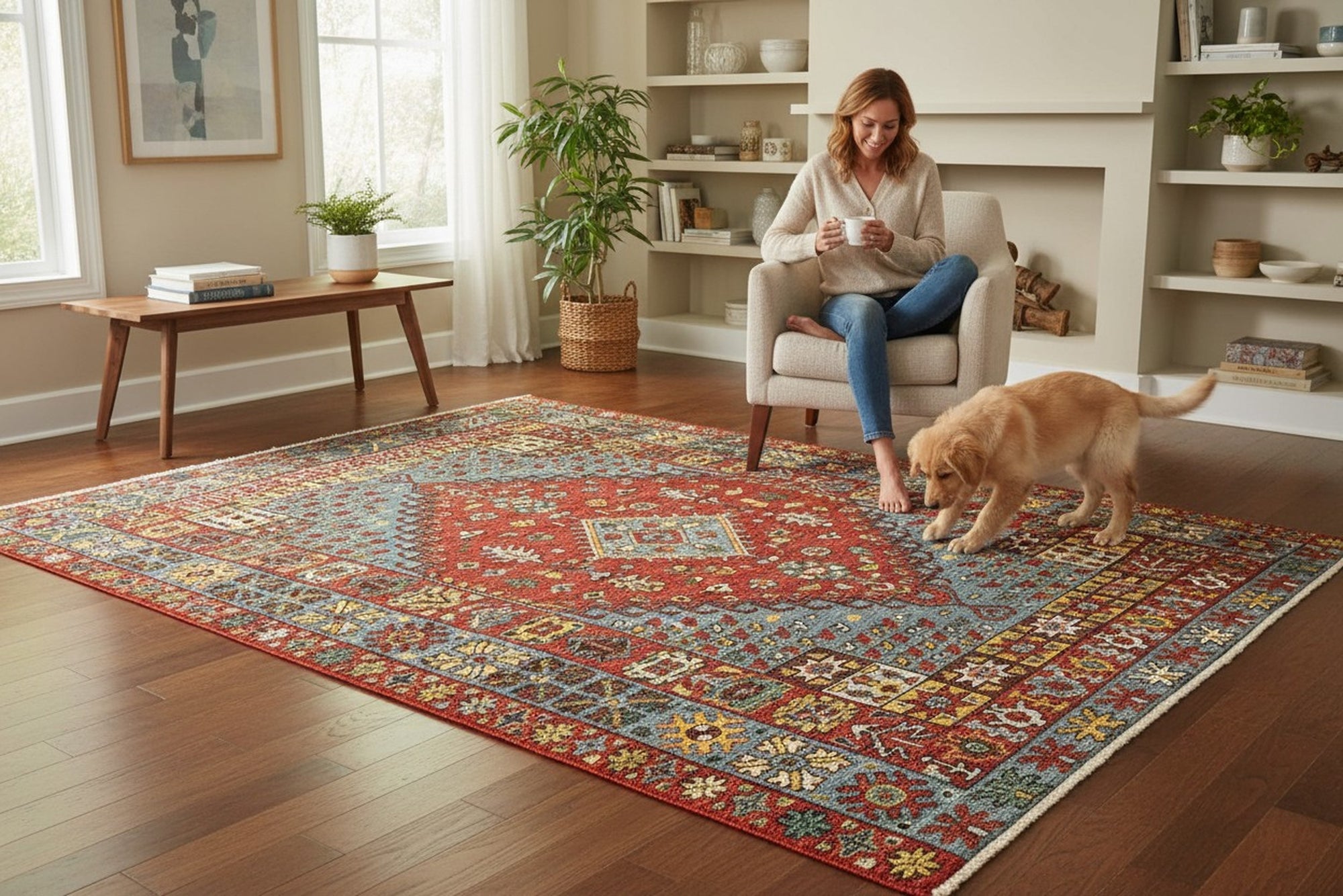 Red traditional medallion hand-knotted wool rug (KR105RD) styled in a room, showing the classic red medallion oriental design in a living space
