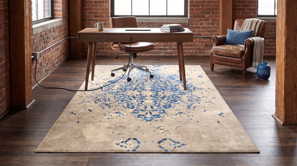 Modern Classic Blue Machine Made Rug in a home office