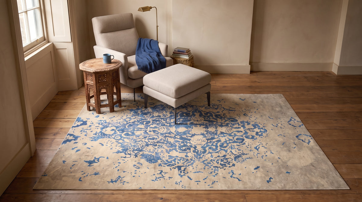 Modern Classic Blue Machine Made Rug in a reading nook