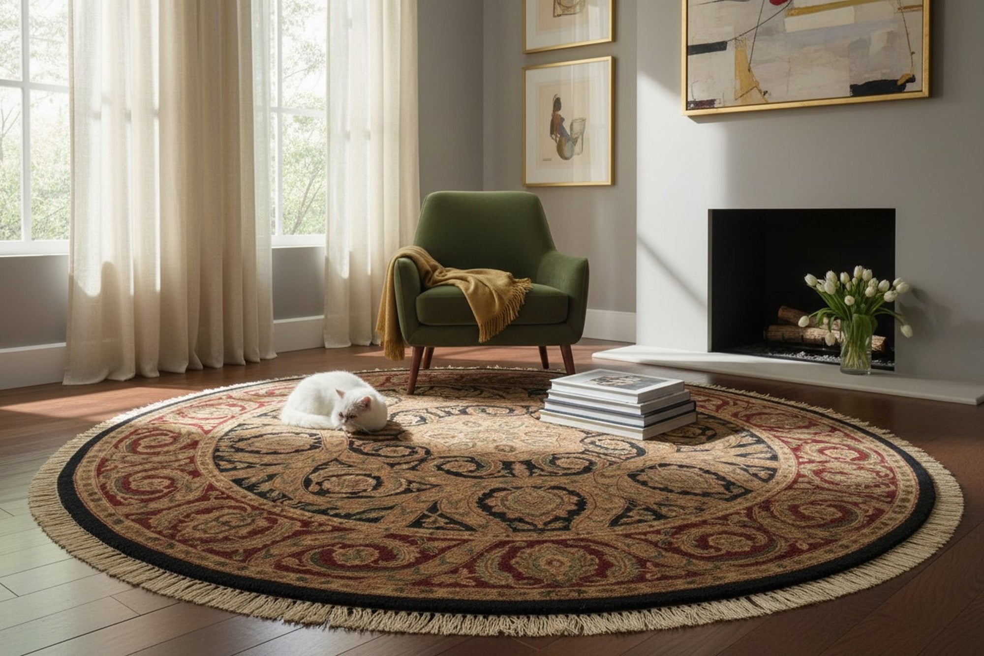 Navy Jaipur traditional round hand-knotted wool area rug
