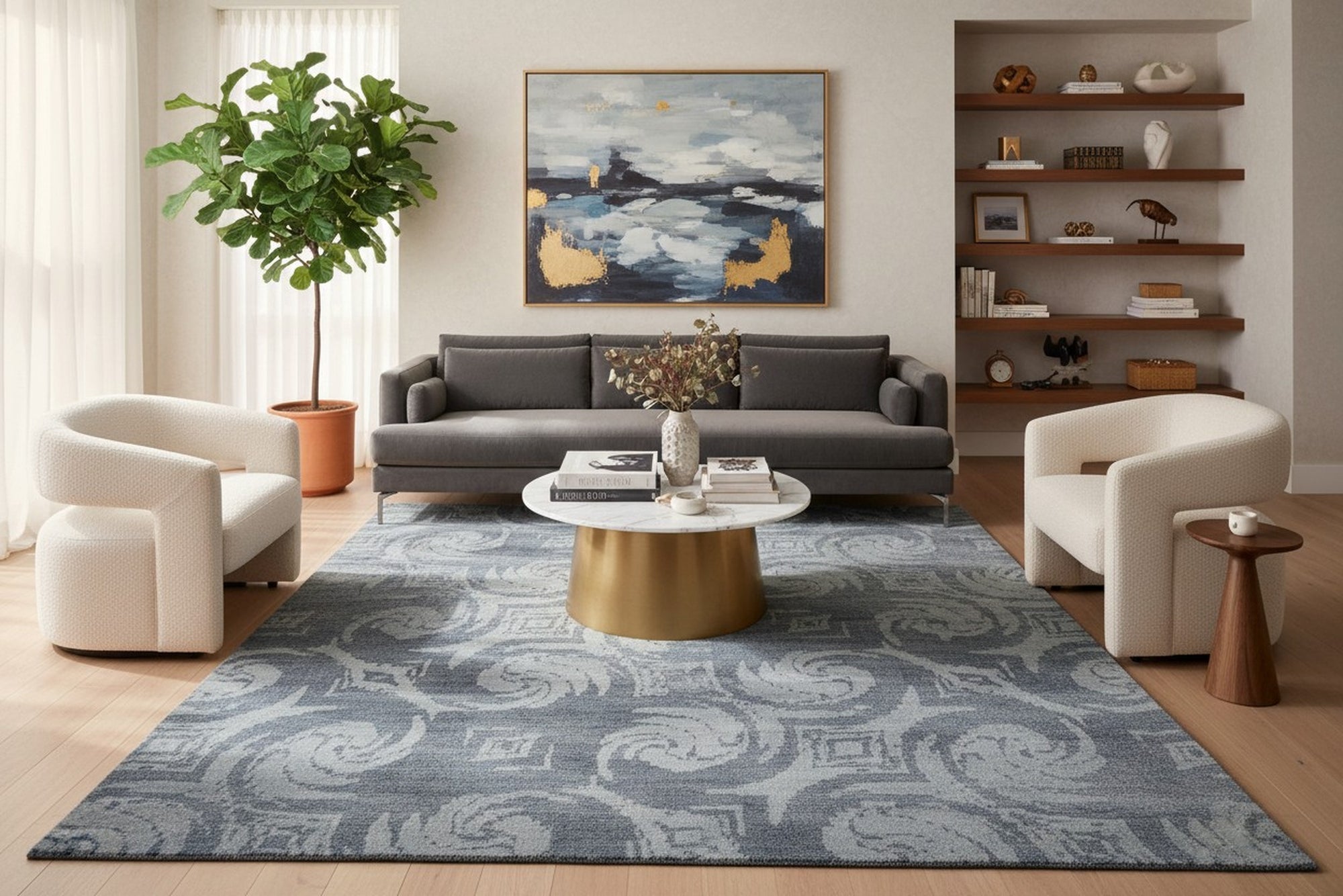 Gray and blue transitional bamboo silk and wool hand-knotted area rug