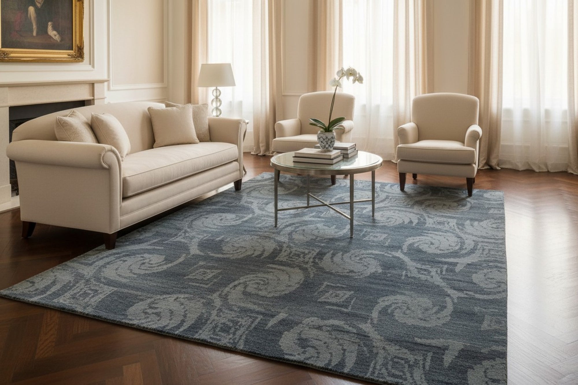 Gray and blue transitional bamboo silk and wool hand-knotted area rug