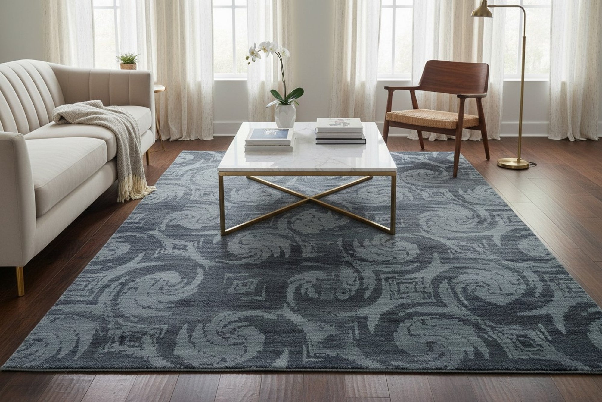 Gray and blue transitional bamboo silk and wool hand-knotted area rug