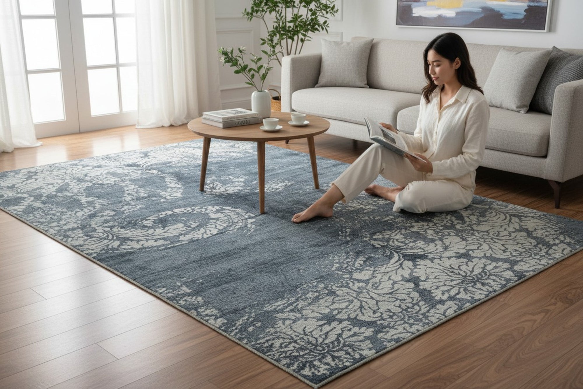 Black and ivory transitional abstract bamboo silk and wool hand-knotted area rug