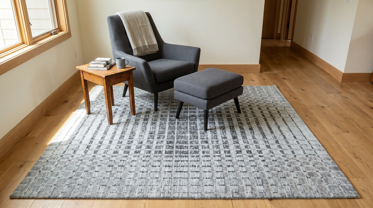 Nadia Ava Gray Handmade Wool Rug in a reading nook