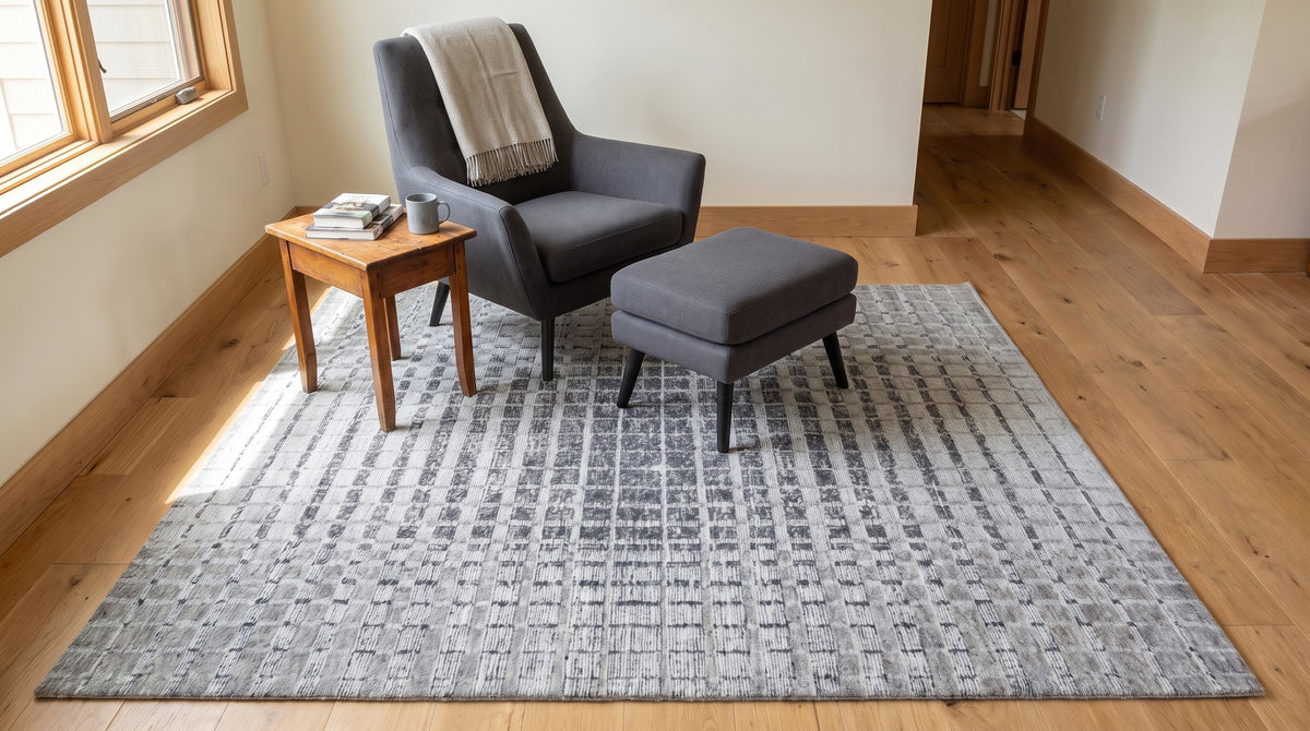 Nadia Ava Gray Handmade Wool Rug in a reading nook