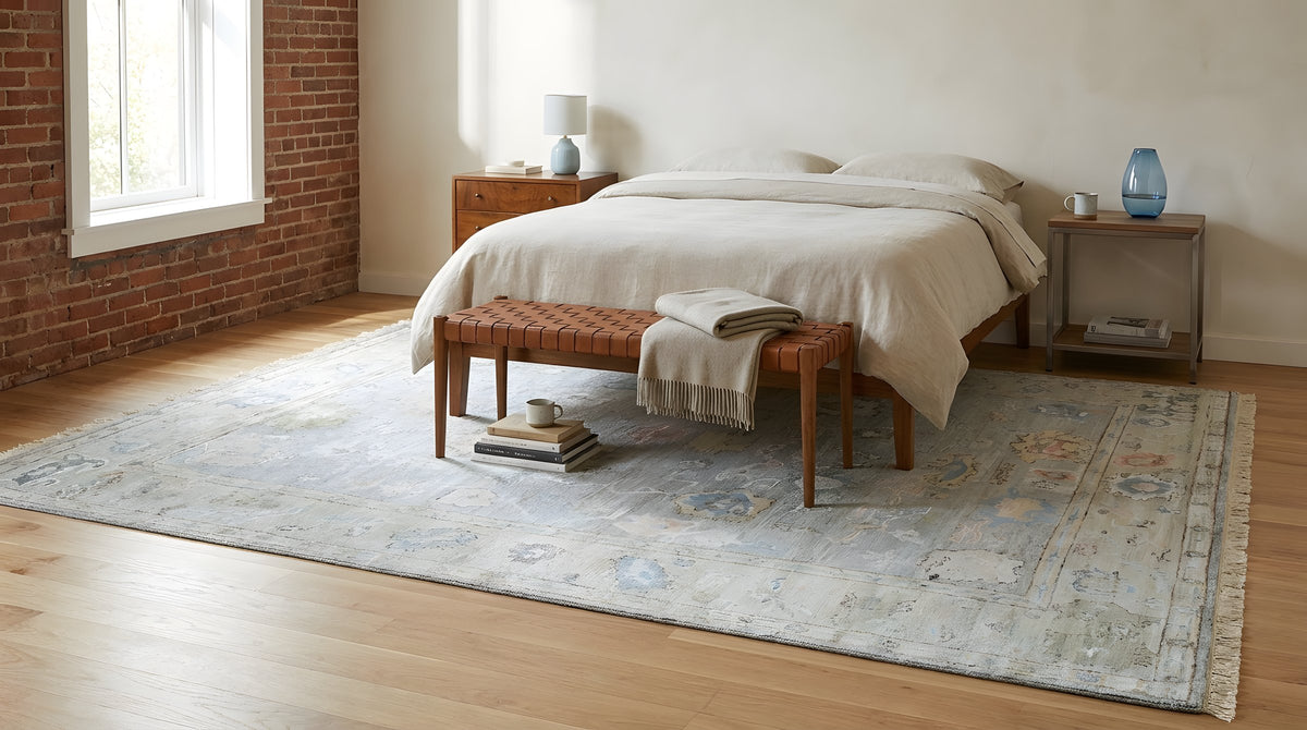 Nadia Harlow Gray and Ivory Hand Knotted Silk Rug in a bedroom