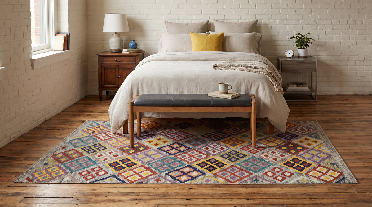 Nadia Kilim Multicolor Flatweave Wool Rug in a bedroom