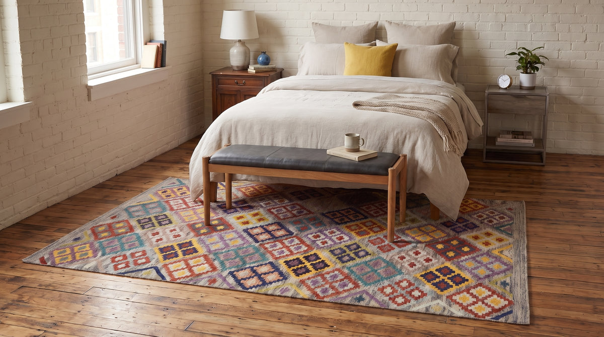 Nadia Kilim Multicolor Flatweave Wool Rug in a bedroom