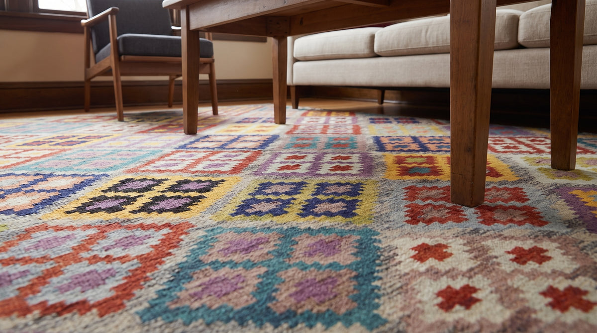Nadia Kilim Multicolor Flatweave Wool Rug in a living room