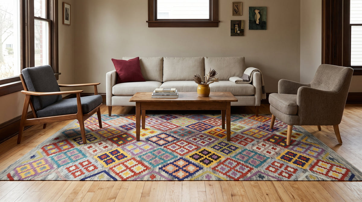 Nadia Kilim Multicolor Flatweave Wool Rug in a living room