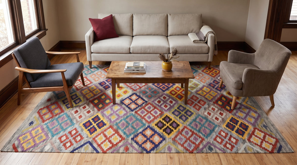 Nadia Kilim Multicolor Flatweave Wool Rug in a living room