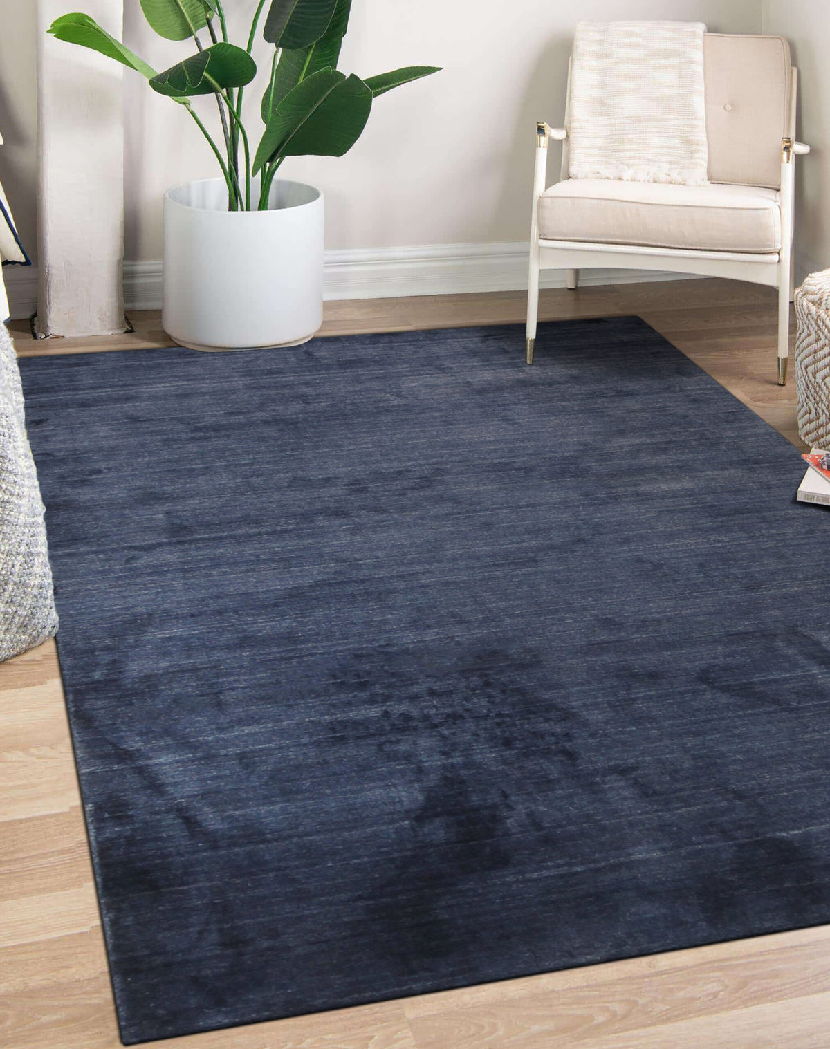 Navy blue solid handmade wool and viscose rug