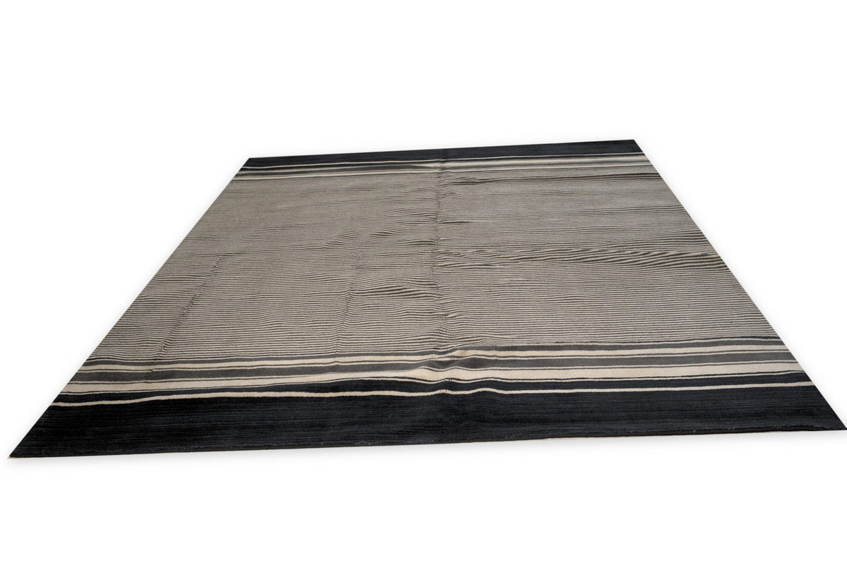 Black and Beige Stripe Handmade Wool Rug