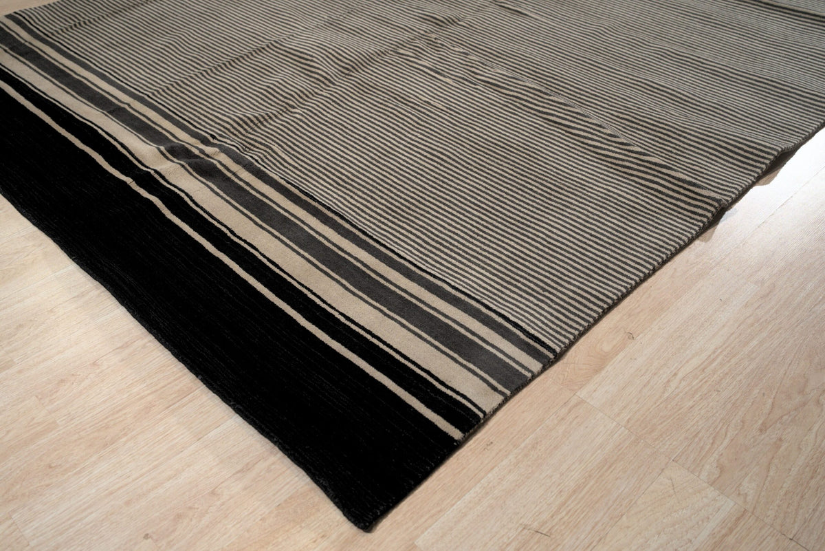 Black and Beige Stripe Handmade Wool Rug