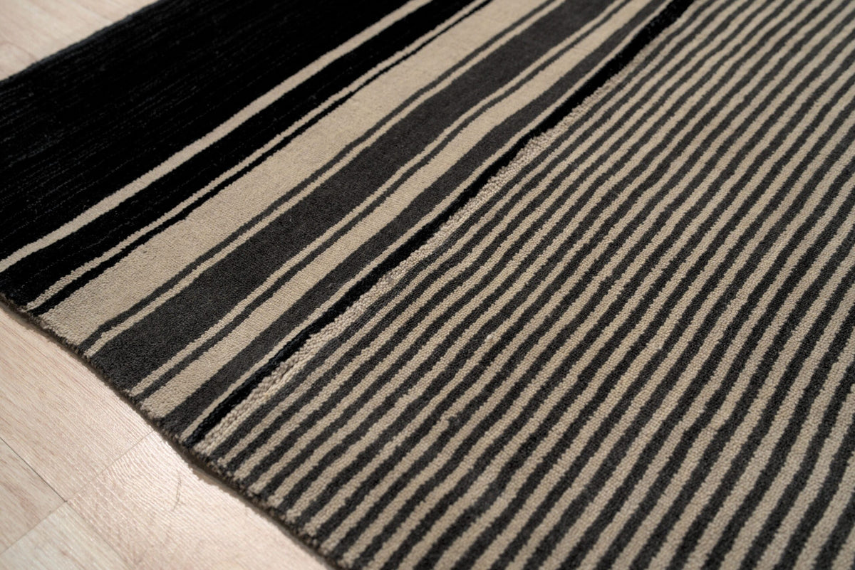 Black and Beige Stripe Handmade Wool Rug