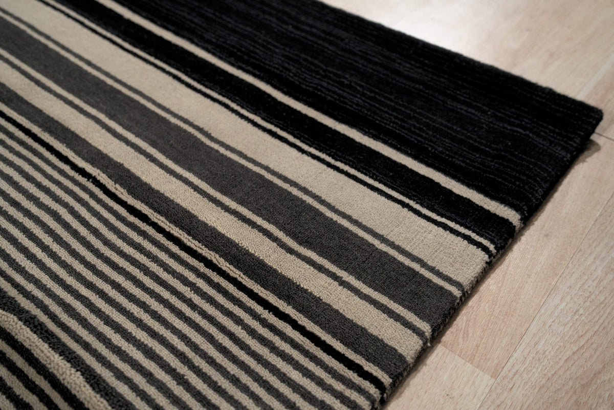 Black and Beige Stripe Handmade Wool Rug