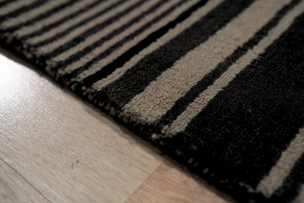 Black and Beige Stripe Handmade Wool Rug