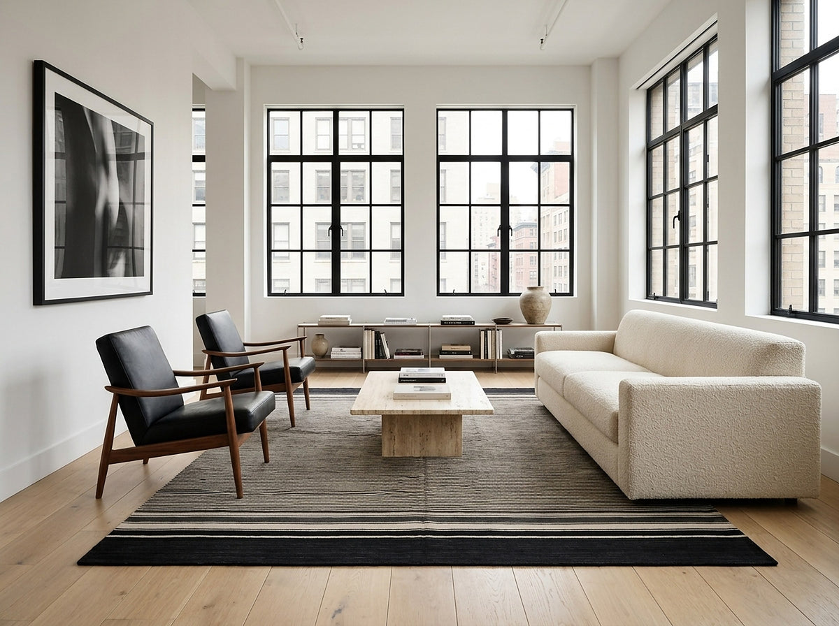 Black and Beige Stripe Handmade Wool Rug styled in a living room