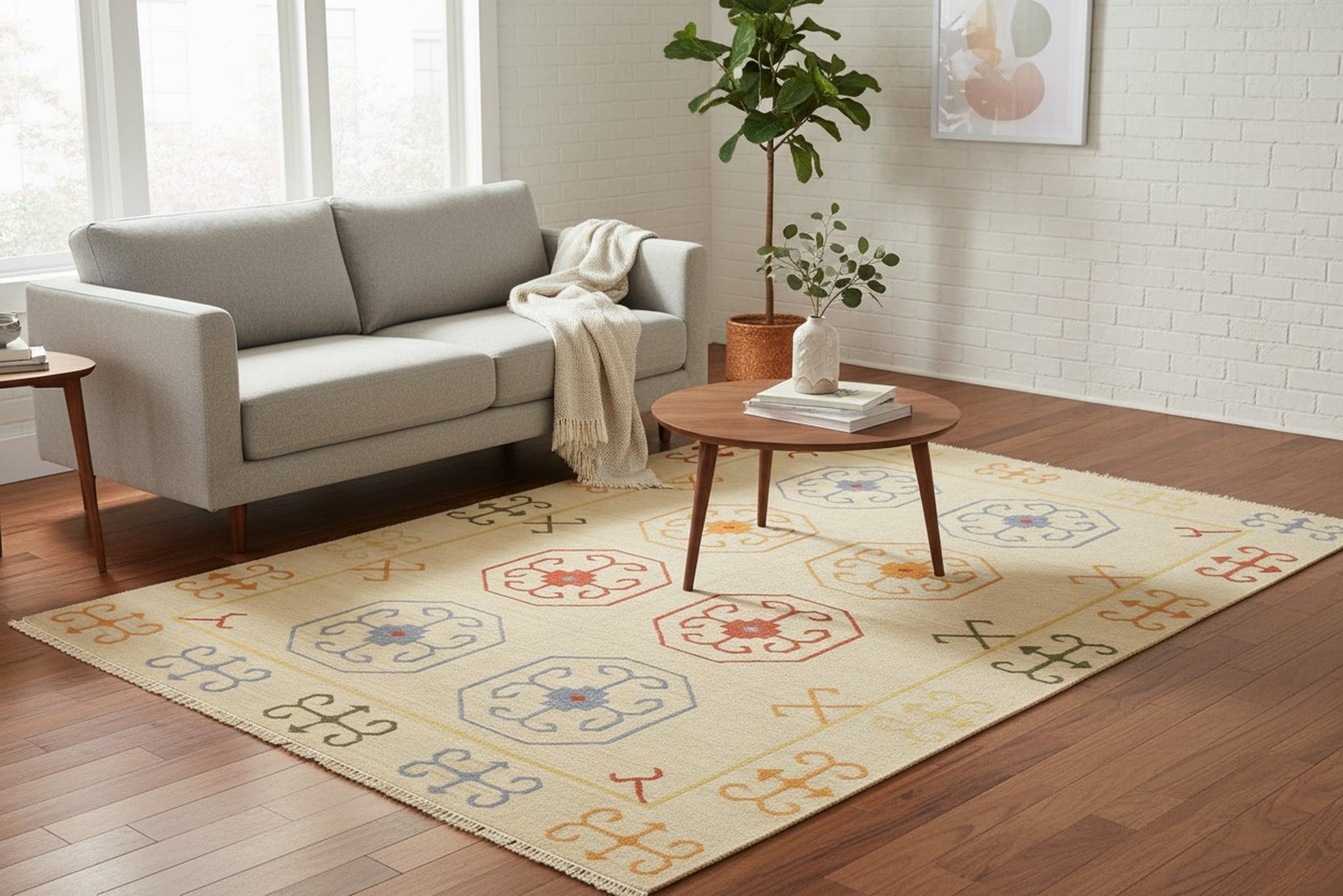 Beige oriental kilim flat-woven wool rug OSK1IV styled in a room setting