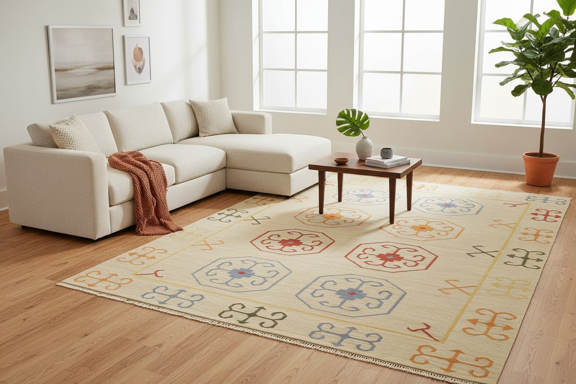Beige reversible kilim wool rug OSK1IV shown in a styled interior