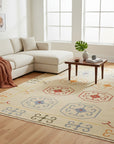 Beige reversible kilim wool rug OSK1IV shown in a styled interior