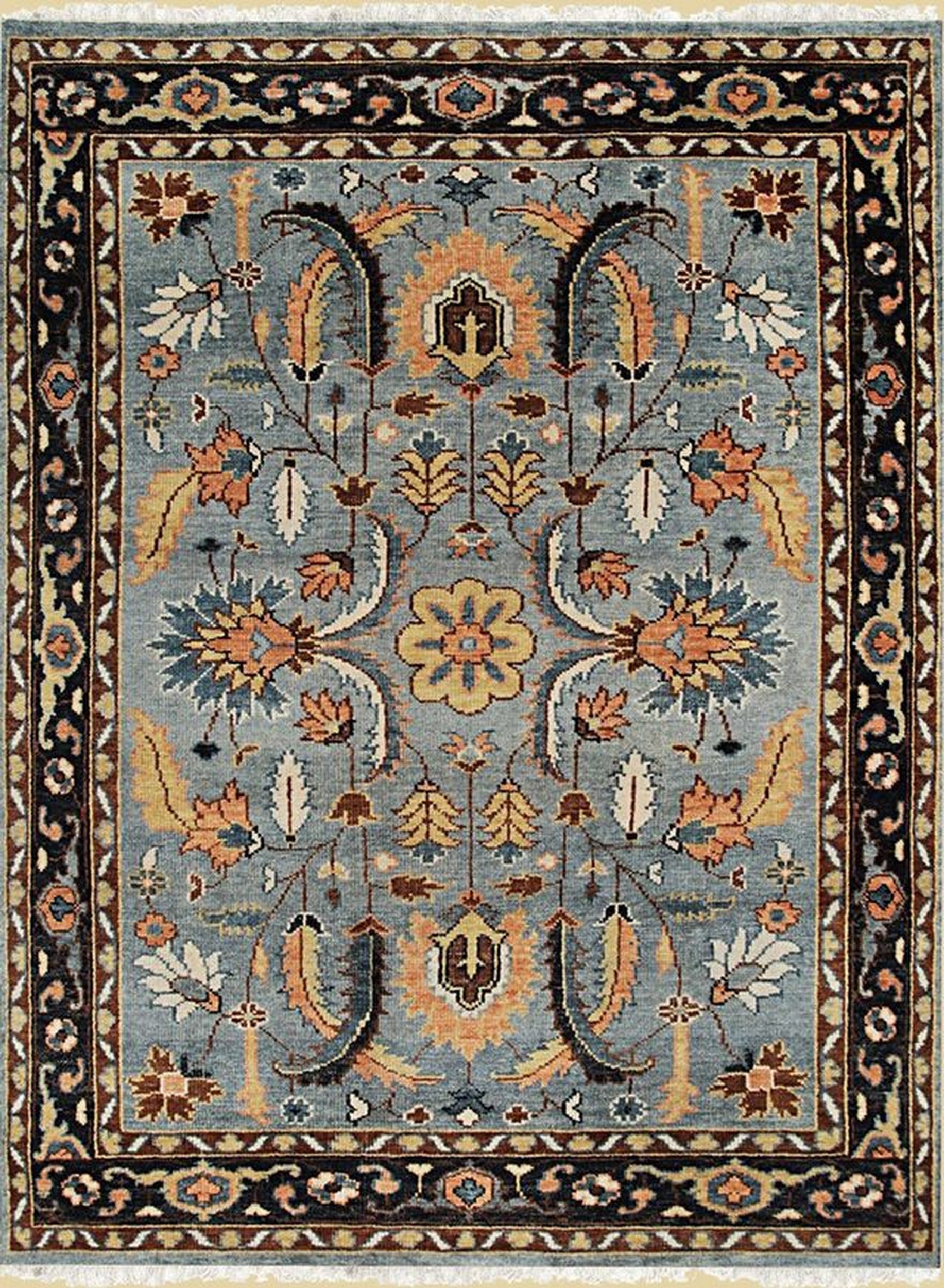 Gray and navy traditional hand-knotted wool rug KR110GY, full product view
