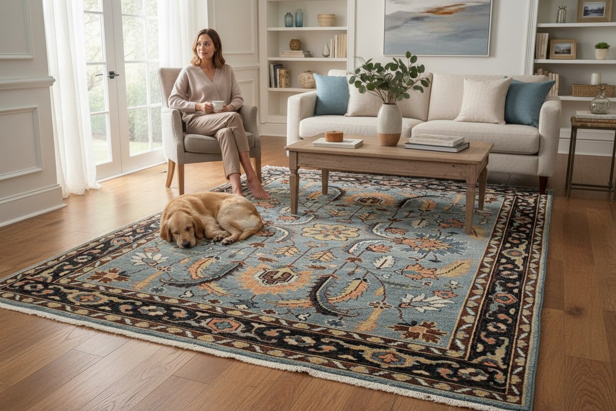 Gray and navy traditional hand-knotted wool rug KR110GY styled in a living room