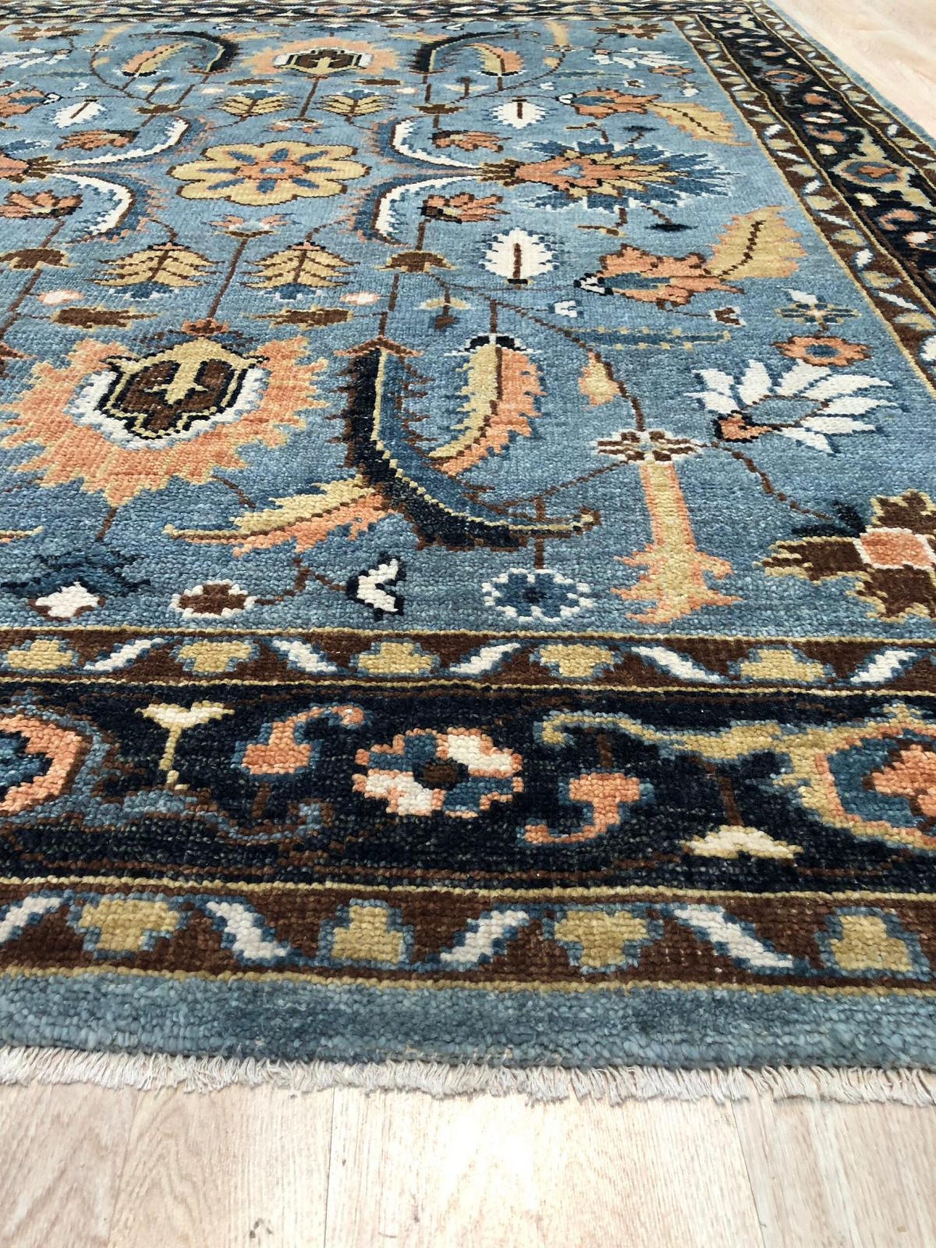 Navy Traditional All Over Hand-Knotted Wool Area Rug, 9' x 12'